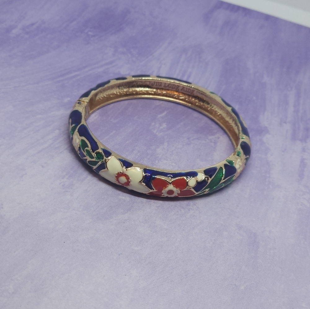 Jiu Long Xing Floral Enamel Cloisonne Hinged Bangle Bracelet
